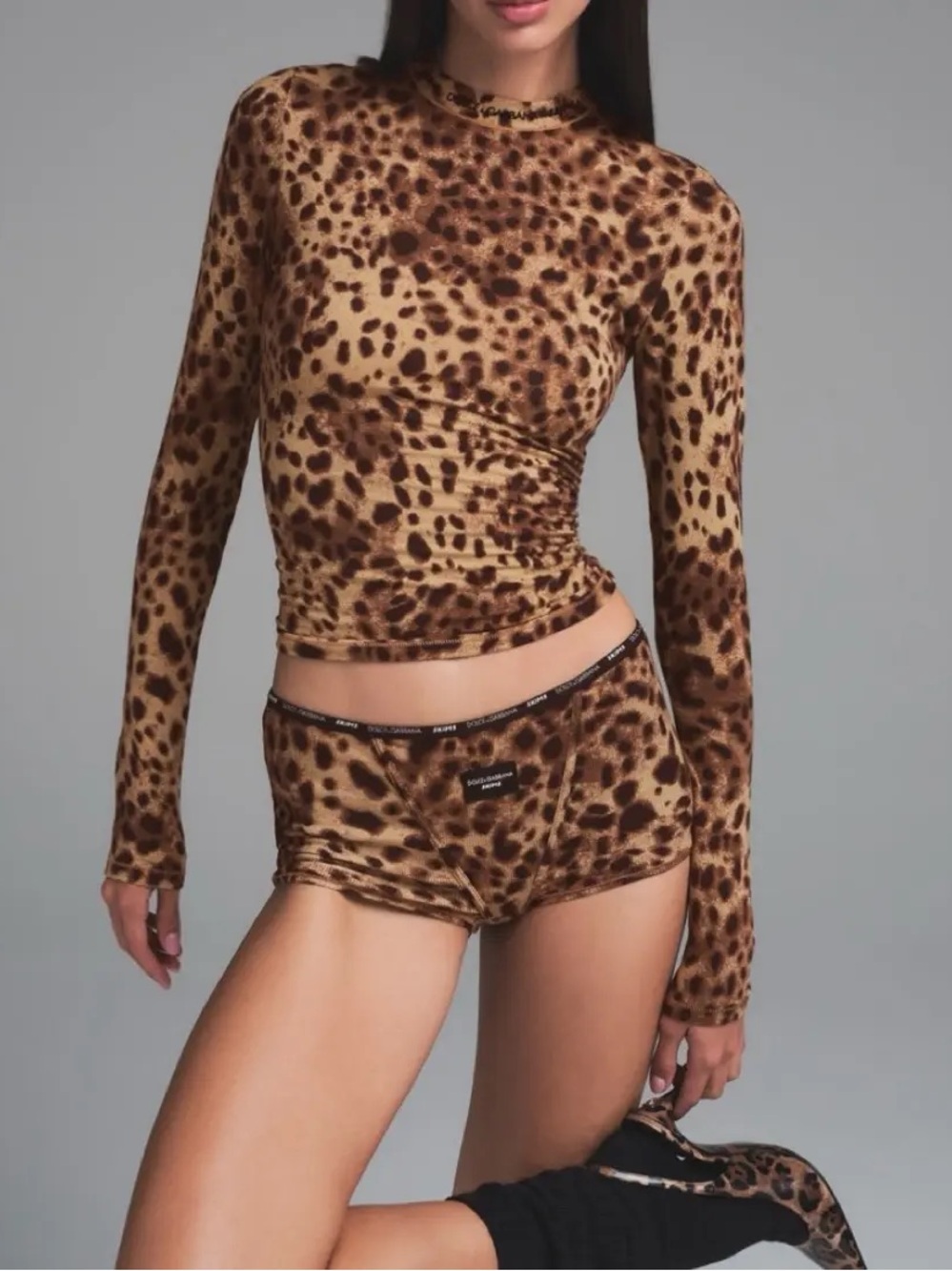 Dolce & Gabbana x SKIMS Leopard Cotton Jersey Long Sleeve Top Size M